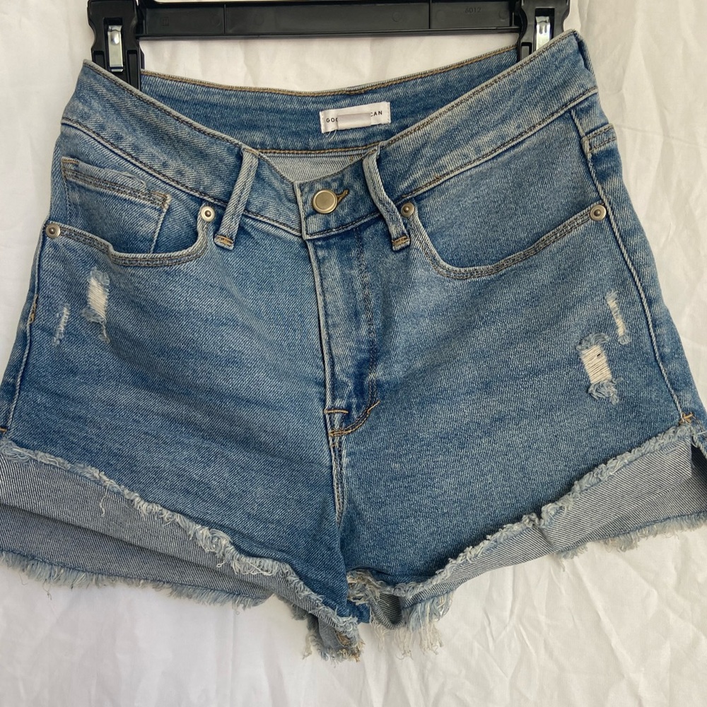 Good American High Rise Distressed Denim Shorts - Medium Blue